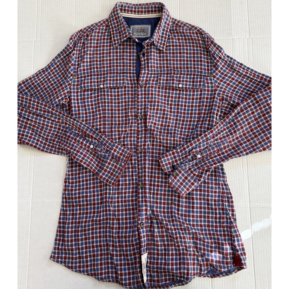 Sisley 100% cotton men's long sleeve red blue white plaid shirt Medium